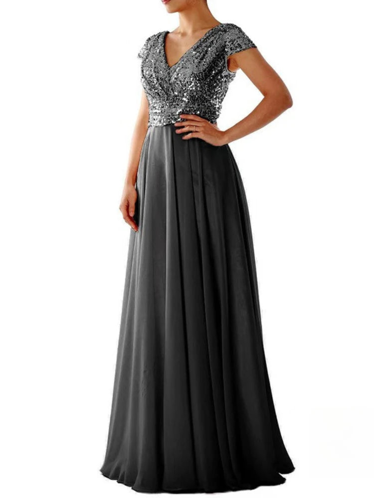 Elegant Sequins Chiffon Dress for Women V Neck Pleated Hem Female Sequins Chiffon Prom Cocktail Long Dress Wedding Evening Dress