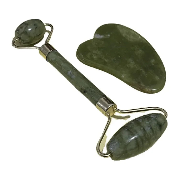 Natural Jade Double Head Roller Health Beauty Treatment Device Scraping Board Set Xiuyan Face Massager To Lift Remove Wrinkles