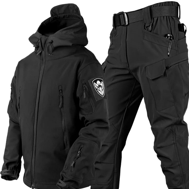 Winter Tactical Sets Men Outdoor Work Fleece Jacket Waterproof Shark Skin Soft Shell Hooded Jacket Multi-pocket Cargo Pant 2 Pcs