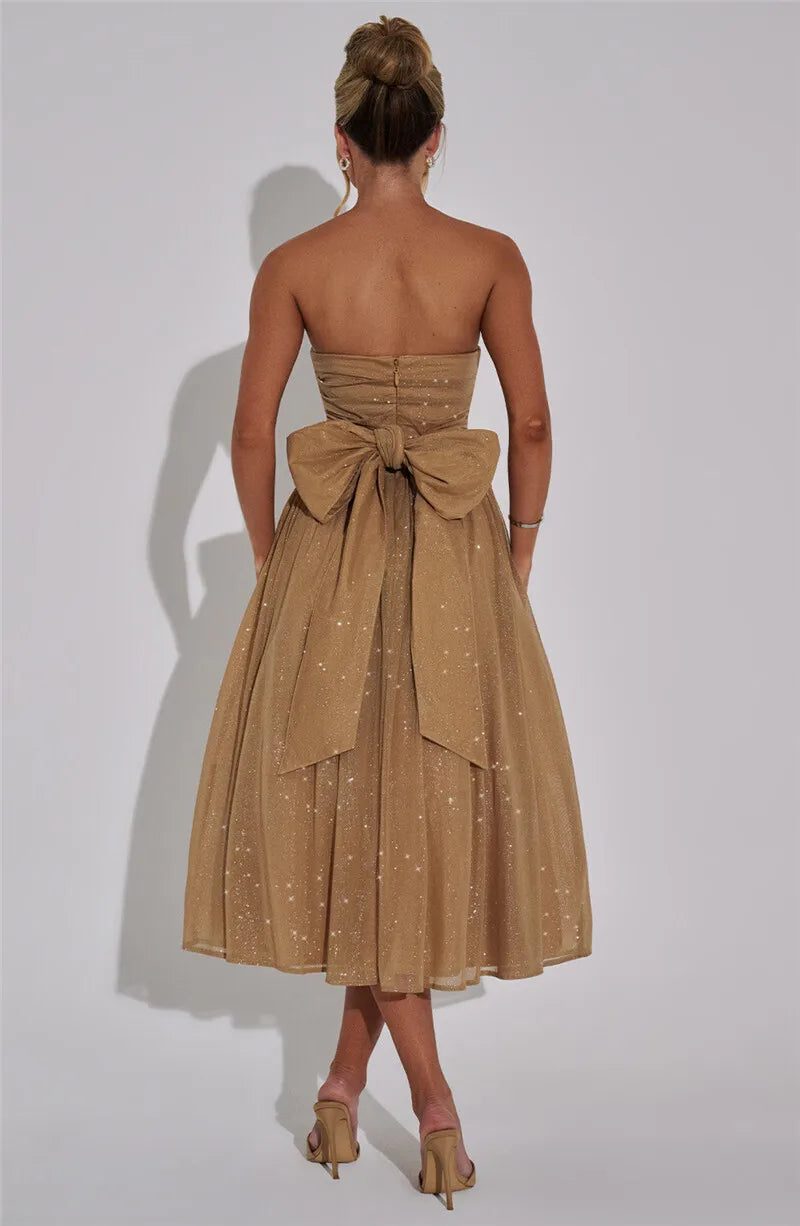 Mozision Off-shoulder Backless Bow Sexy Maxi Dress For Women Strapless Sleeveless A-line Loose Pleated Sexy Long Dress Clubwear