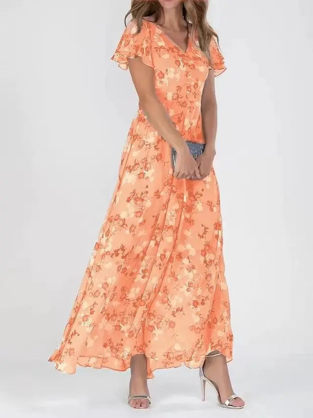 Beach Holiday Chiffon Midi Dress Women Fashion V-neck Short Sleeve Dresses For Women 2024 Summer Floral Print Long Dress Ladies