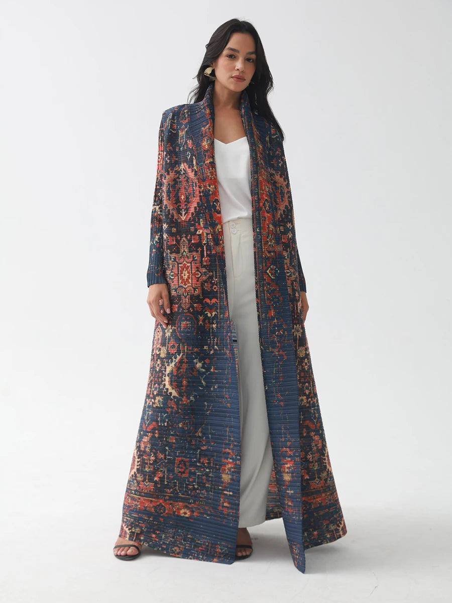 Miyake Pleated V-neck Batwing Sleeve Printed Dress Women Designer Abaya Fashion Summer Elegant Causal Loose Long Dress