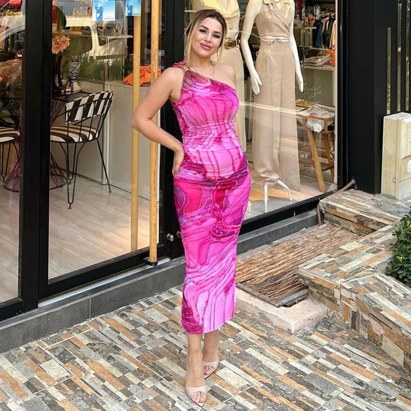 CUTENOVA Sexy Slash Collar Gradient Print Long Dress Summer Chic One-Shoulder Backless Party Dresses Sleeveless Hollow Slim Fit