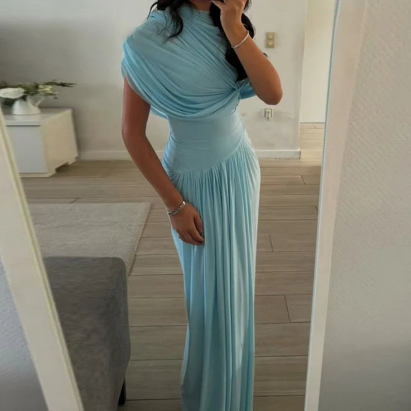 Elegant O Neck Pleated Slim Evening Dress Fashion Summer Short Sleeved High Waist Long Dress Casual 2025 Street Solid Robe Dress