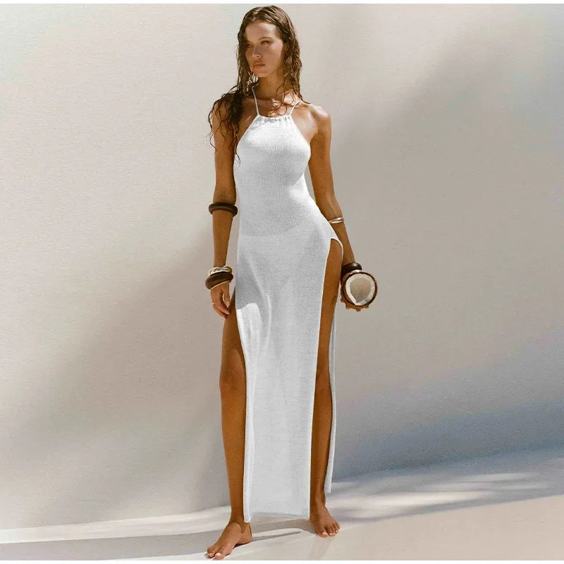 Sexy Knit Lace-up Split Long Dress Women Solid Halter Cover Up See Through Bodycon Dresses 2024 Summer Lady Chic Beach Robes