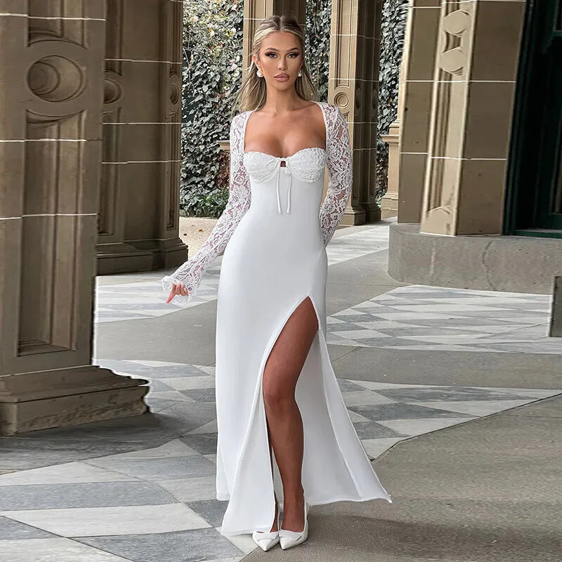 Mozision Lace Long Sleeve Sexy Maxi Dress Women Autumn New Square Collar Backless Lace-up High Split Sexy Club Party Long Dress