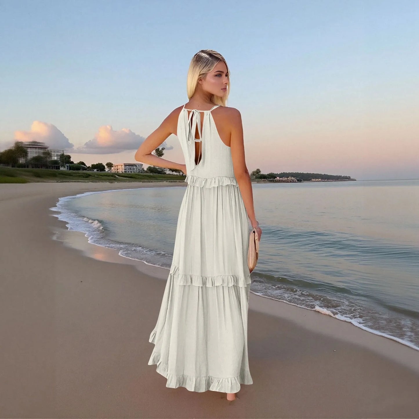 Women's Ruffled hem layered long dresses Summer Sleeveless backless dress Fashion Long Dress Big Swing Beach Dress vestidos