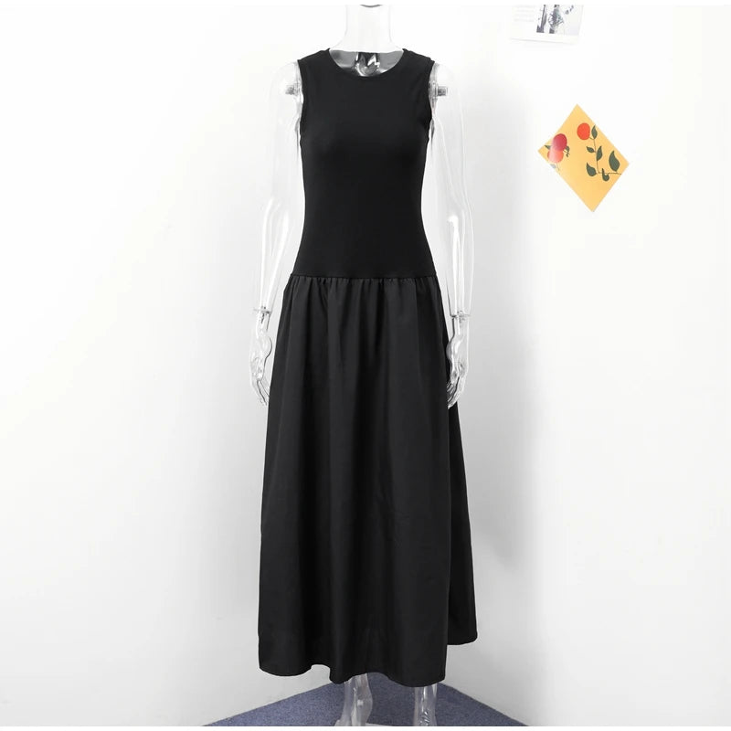 Fashion Patchwork Long Dress For Women Chic O-neck Sleeveless Party Midi Dresses Female Elegant Evening Holiday Lady Vestidos