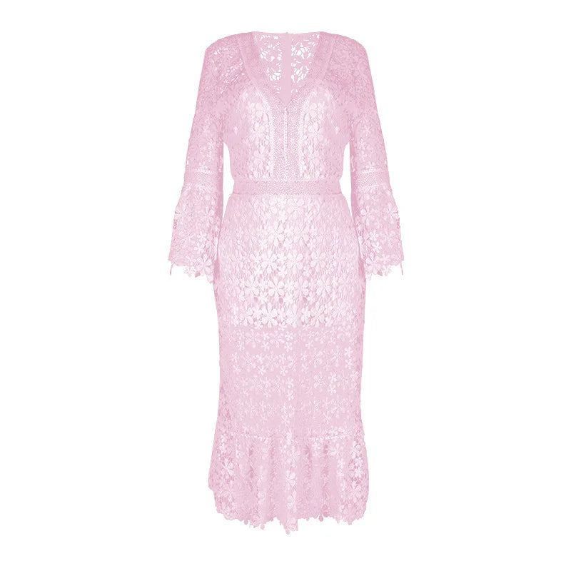 Sexy Autumn Lace Long Sleeve V-neck Big Show Long Dress Women Polyester Fabric High Waist Hollow Out Design Summer Style