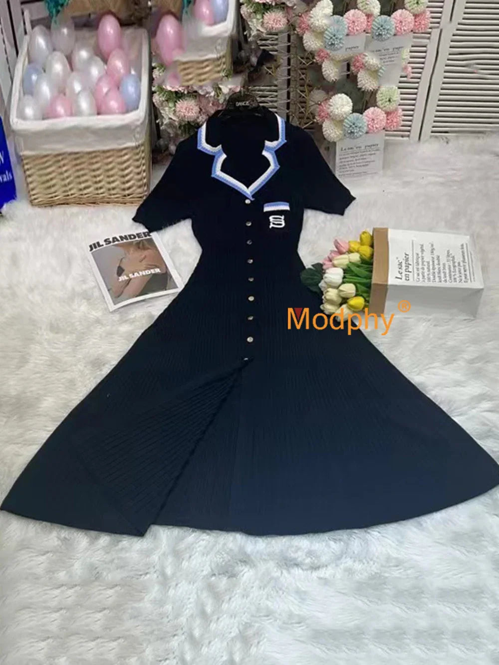 Modphy 2025 Elegant Slim Knitted Long Dress Women's Letter Single Breasted Long Sleeved Designer Vintage Dresses Autumn