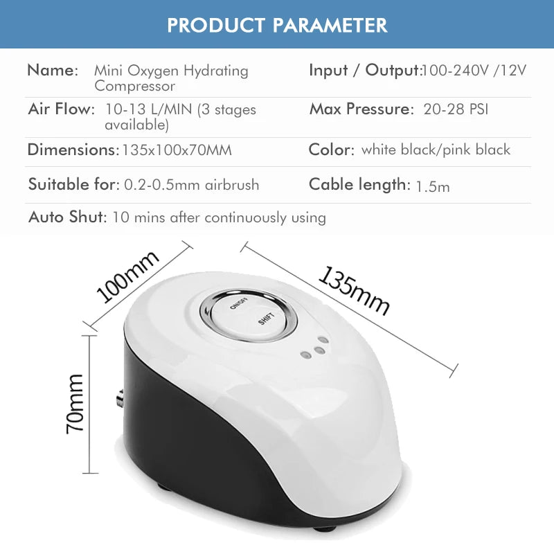Water Injection Oxygen Machine Facial Steam Oxygen Injector Polite Compressor Set Paint Airbrush Nail Art Tattoo Nano Sprayer