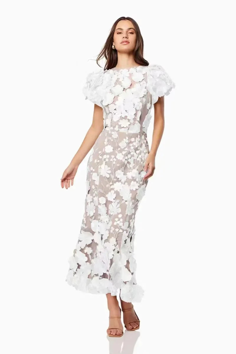 Women Long Dress Commuter Round Neck Embroidered Three-dimensional Floral Puff Sleeves Elegant High Waist Wrap The Buttocks