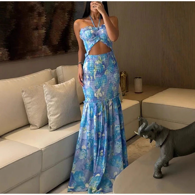 Printed Strap Pleated Long Dress Women Backless Off Shoulder Patchwork Ruffle Summer 2025 Dresses Party Vacation Chic Sexy Robe