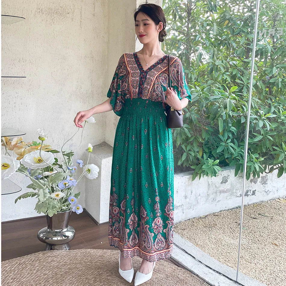 V-neck Large Skirt Hem Casual Sweet Holiday Long Dress Bat Sleeves Elastic Waist Bohemian Print Floral Elegant Dresse For Women