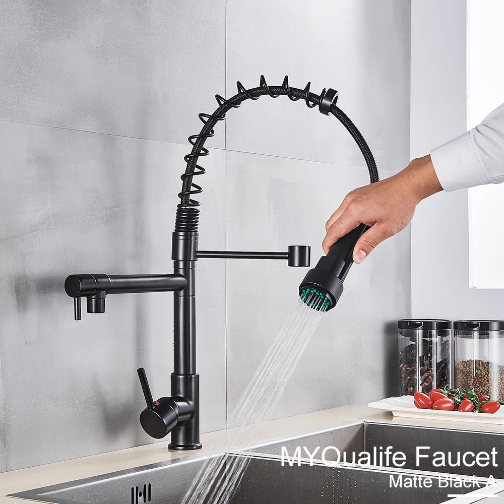 Black Pull Down Kitchen Sink Faucet Hot Cold Water Mixer Crane Tap with Dual Spout 360 Rotation High Faucet Deck Mounted