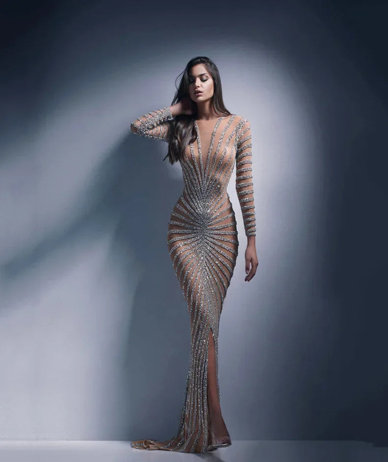 2024 New Spring Fashionable Embellished Women's Mesh Dress Long Sleeve Side Slit Long Dress For Women