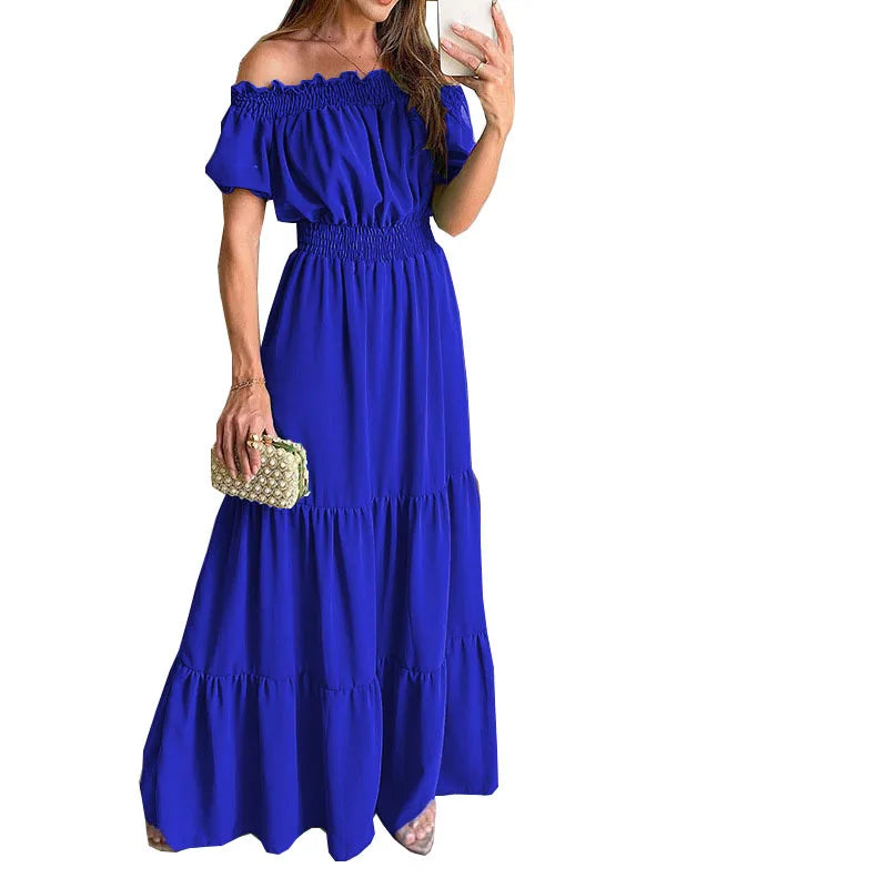 Women's Dress One-line Collar Spring And Summer Short-sleeved New Green Long Dress Fashion Casual Loose Beach Party Dresses Robe