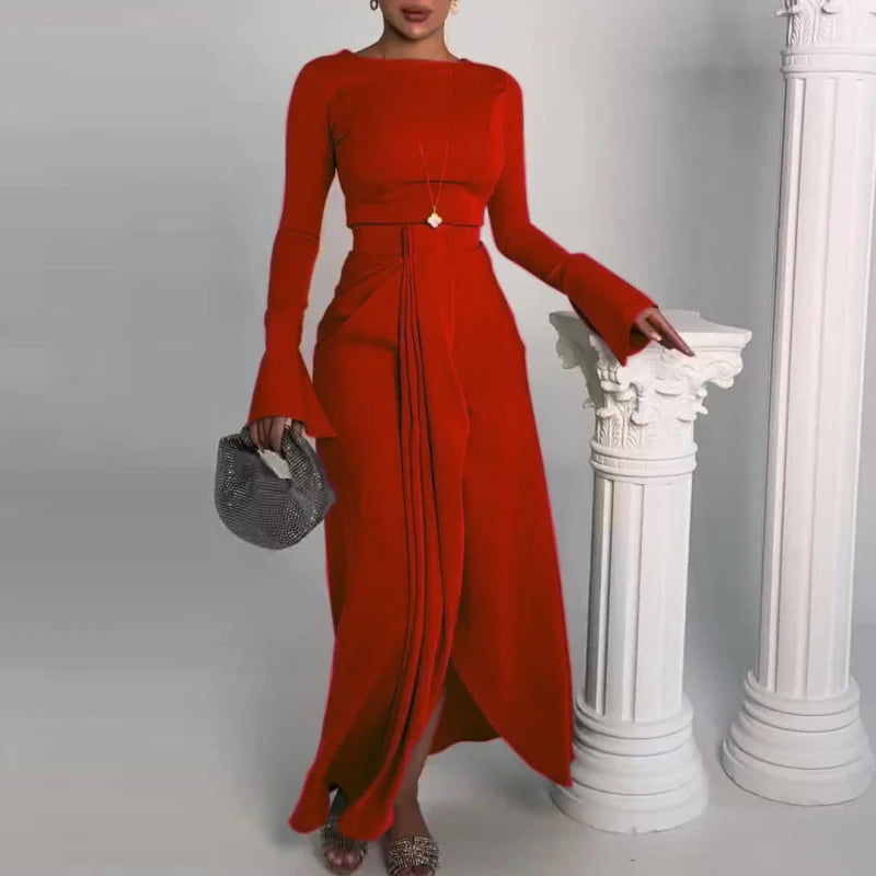 2024 Casual Solid Prom Dress Elegant O Neck High Waist Pleated Commuter Dress New Autumn Fashion Flared Sleeve Split Long Dress