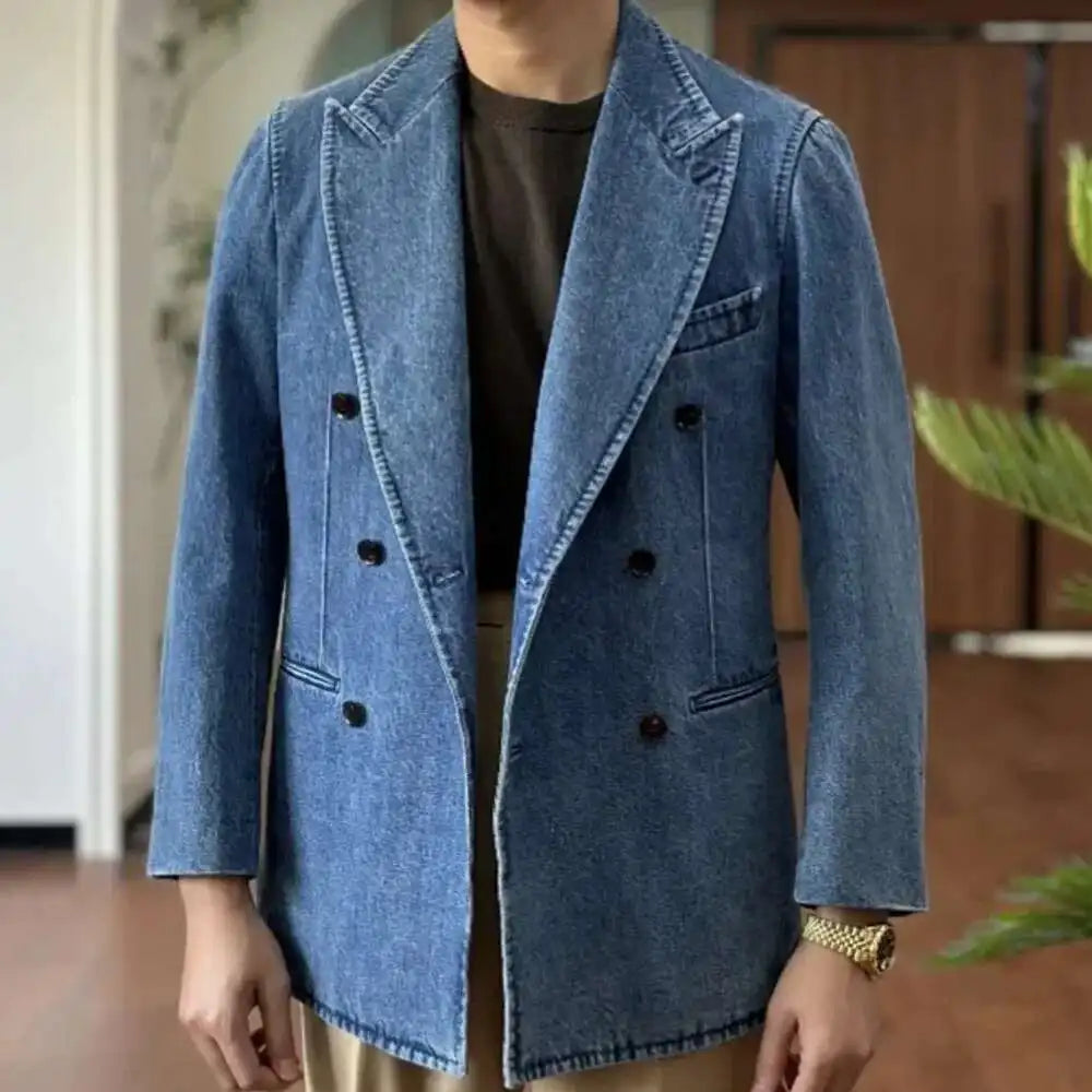 Autumn Denim Jacket Men Blazer Masculino Italian Style Double Breasted Blazer Men Lapel Collar Casual Business Blazer Hombre