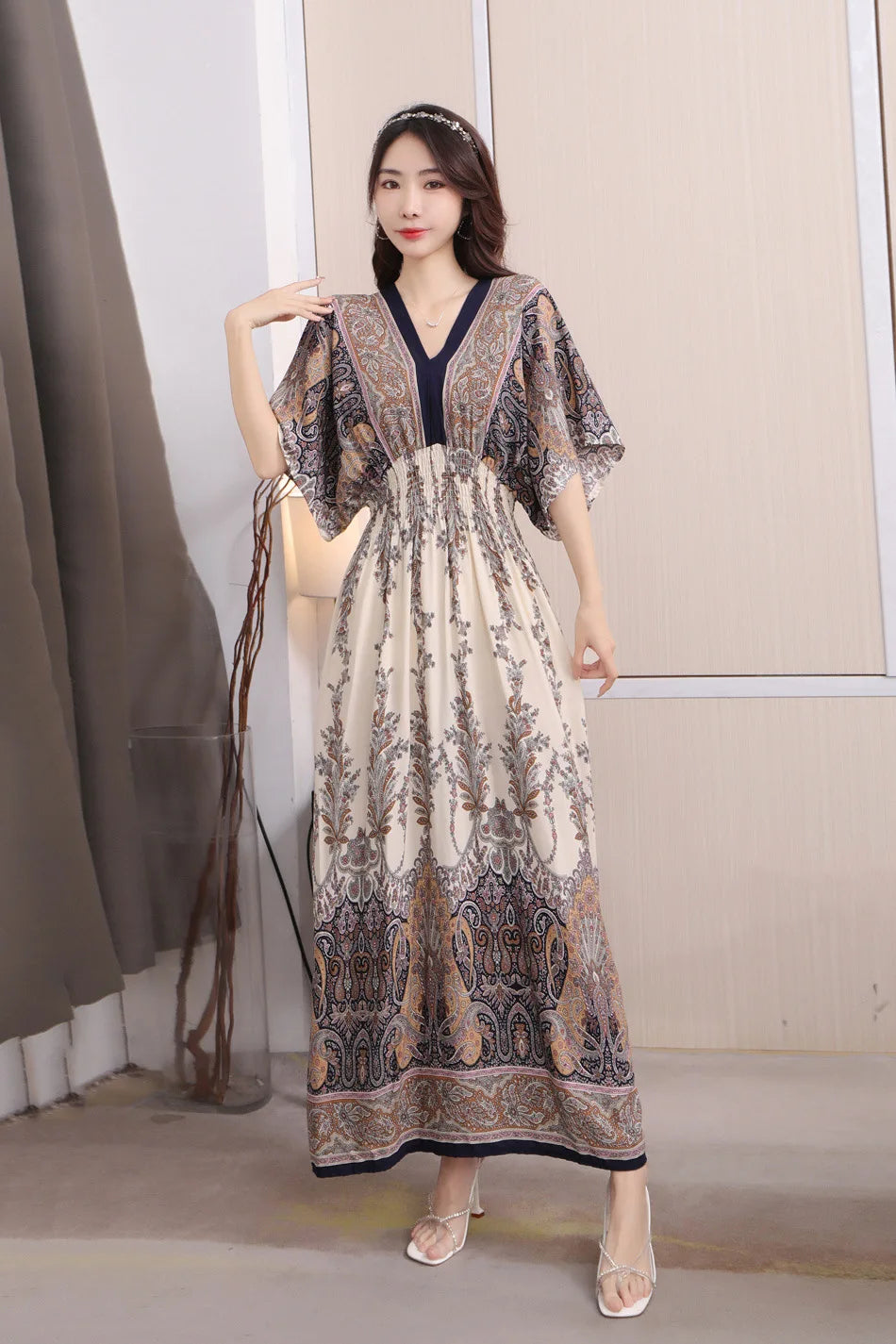 V-neck Large Skirt Hem Casual Sweet Holiday Long Dress Bat Sleeves Elastic Waist Bohemian Print Floral Elegant Dresse For Women