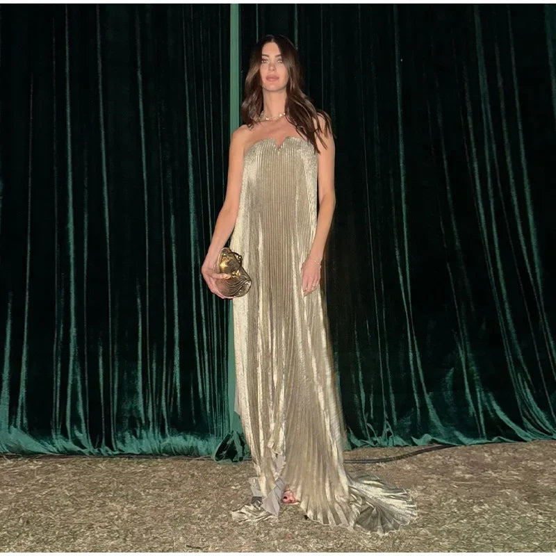 Elegant Pleat Long Dress Women Loose Tube Top Shiny Backless Sleeveless Dresses Female 2025 Summer Lady Party Evening Robes