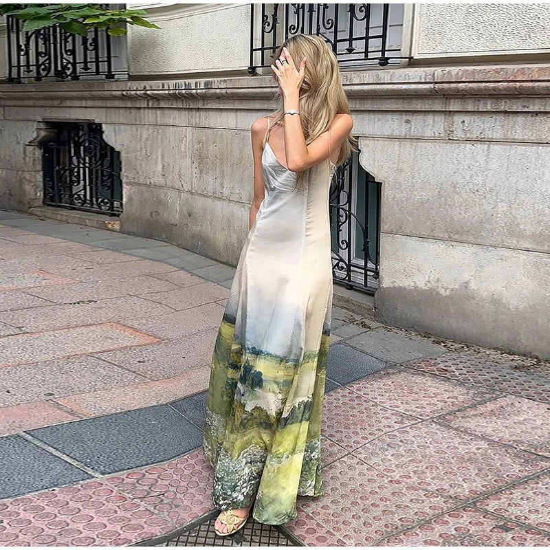 Elegant Printed Tighte Waist Women's Long Dress V-neck Slim A-line Robe 2025 Summer Beach Holiday Style Female's Long Dresses