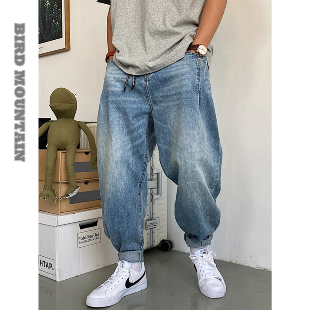 Spring Autumn Japanese Streetwear Retro Casual Denim Cargo Pants Men Clothing Loose Straight Harem Trousers Harajuku Jeans