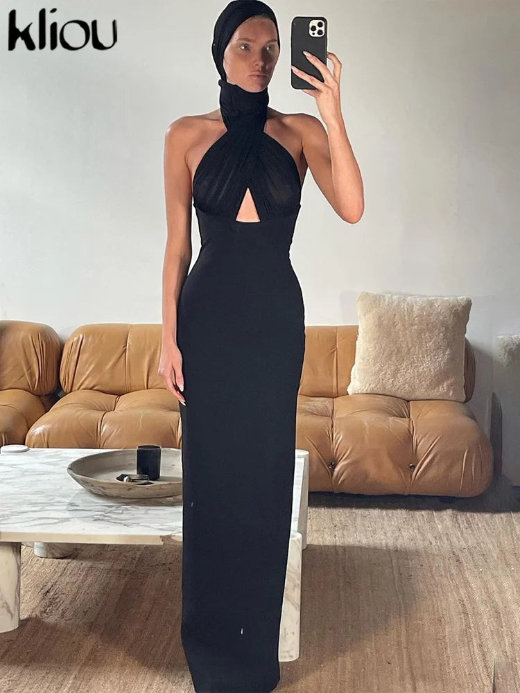 kliou Ribbons Women Long Dress Patchwork Cross Halter Sleeveless Backless Straight Vestidos Female Elegant Evening Classic Robe