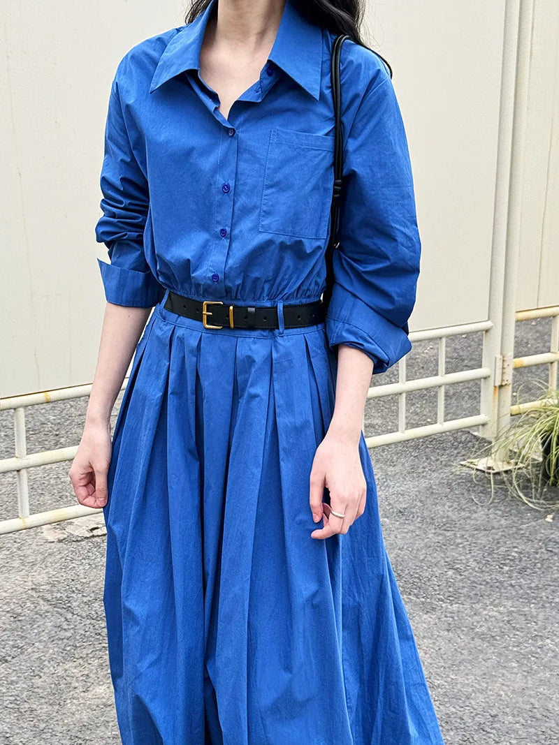 Polo‘s Collar Shirt Dress Women Spring Slimming Long Dress With A Cinched Waist Blue / Pink