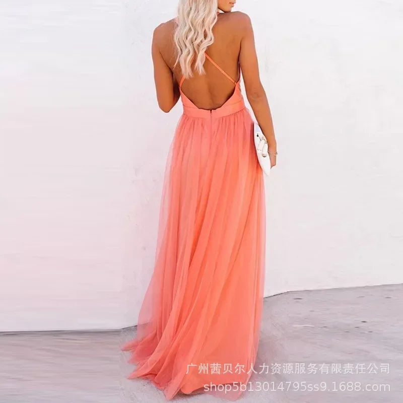 Women's Evening Party High Waist Floor Length Sexy Dress Orange Sleeveless Backless Gauze Long Dress