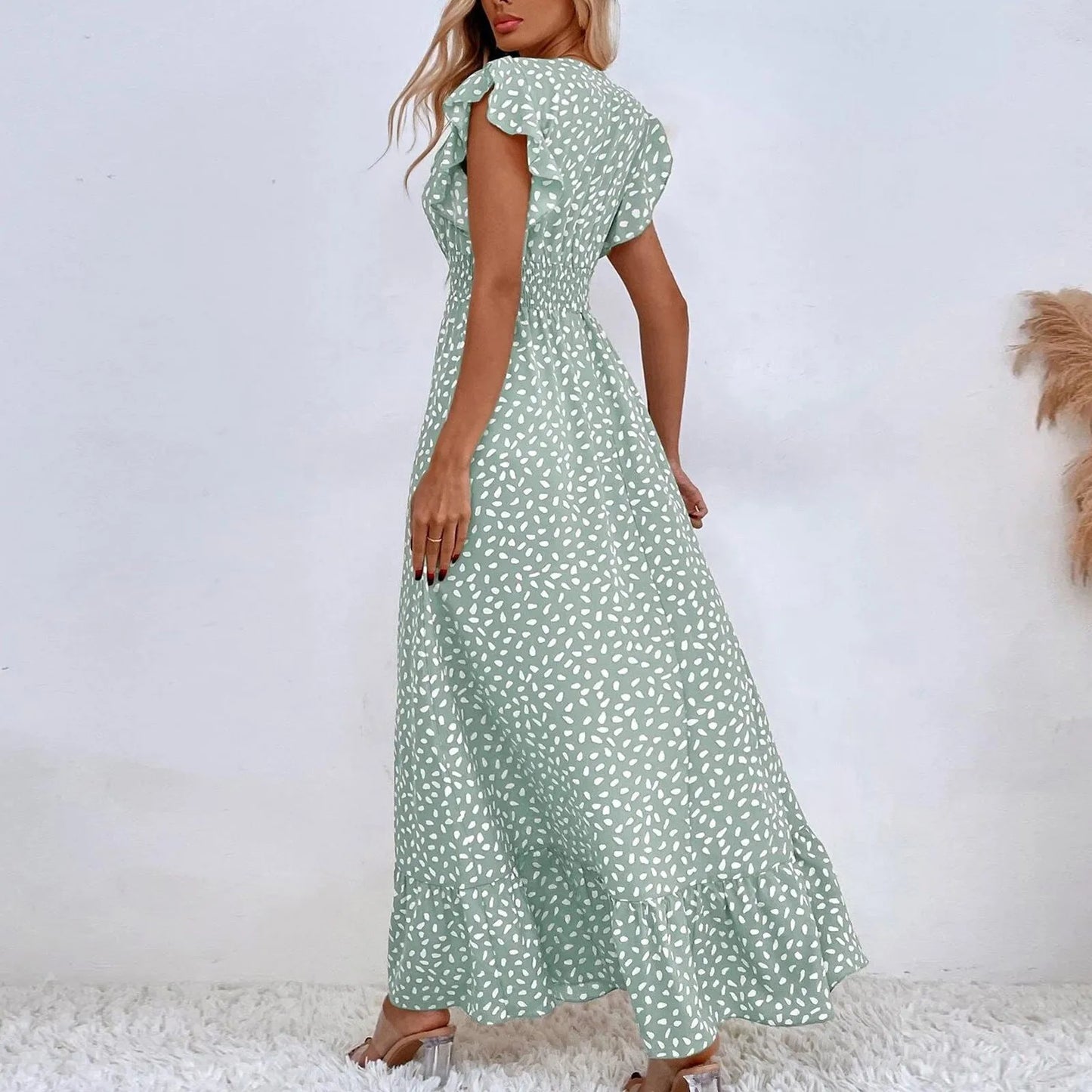 Polka Dot Dress For Women Sexy V-Neck Long Dress Casual And Fashionable Ruffle Edge Short Sleeved High Waisted Dress