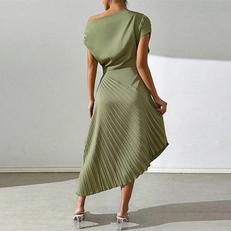 2024 Sexy Irregular Slim Club Party Dress Spring Summer Satin Solid Color Women's Dress Casual Short Sleeved Pleated Long Dress