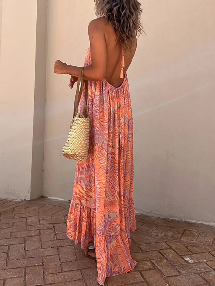 Summer Beach Style Women Ruffles Dress Patchwork Backless Off Shoulder Lady Long Dress Holiday Casual Loose Sleeveless Dresses
