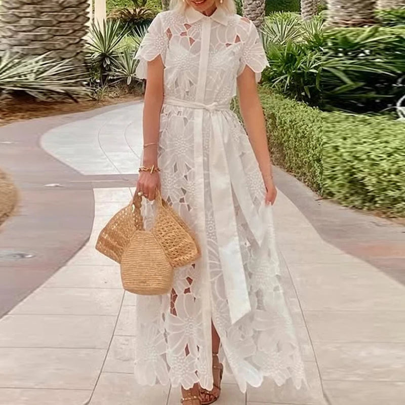 Casual Solid Color Holiday Dresses Summer Women's Lapel Tie Up Lace Dress Sexy Hollow Short Sleeved Single Breasted Long Dress