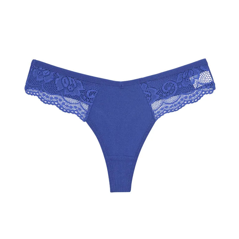 FINETOO 8Pcs Women's Cotton Underwear Lace Thongs Sexy Solid Color Low Waist Bikini Panties Ladies Breathable G-string Lingerie