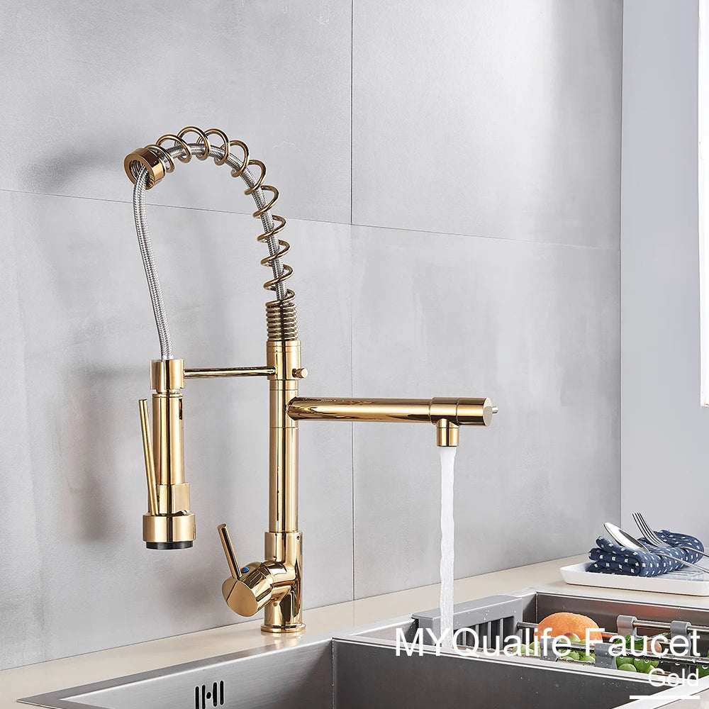 Black Pull Down Kitchen Sink Faucet Hot Cold Water Mixer Crane Tap with Dual Spout 360 Rotation High Faucet Deck Mounted