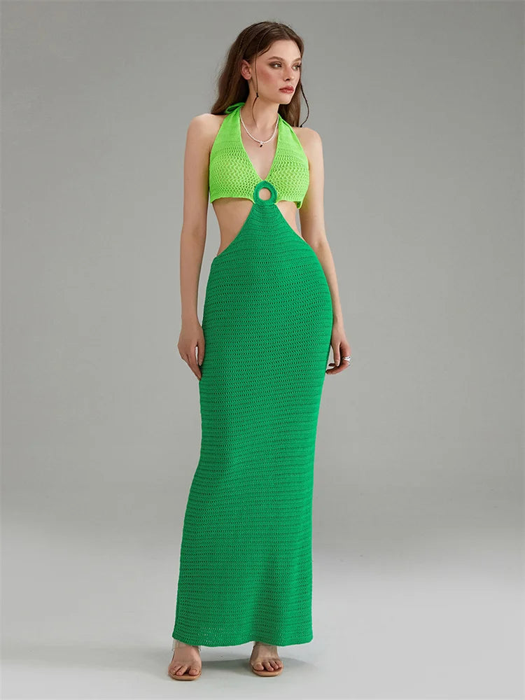 Y2K Cut Out Knitted Long Dress Women Contrast Sleeveless Halter V Neck Backless Dress Summer Bohemian Beach Sexy Dresses Female