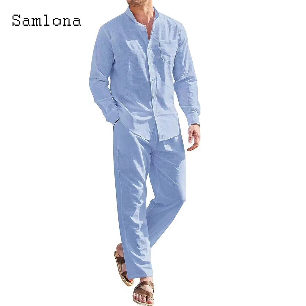 Plus Size Mens Casual Cotton Two Piece Sets 2025 Europe Style Vintage Basic Tops and Solid Pants Suit Male Beach Tracksuits Set