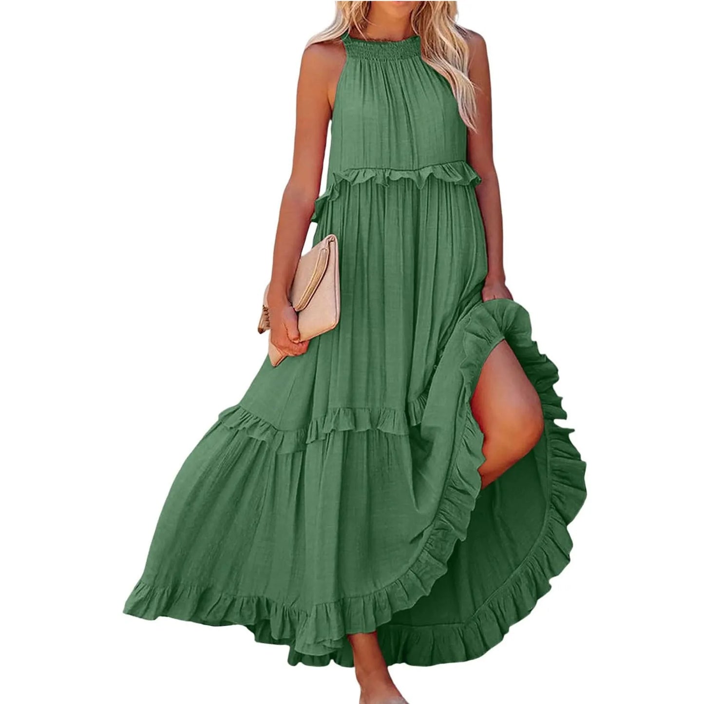 Women's Ruffled hem layered long dresses Summer Sleeveless backless dress Fashion Long Dress Big Swing Beach Dress vestidos