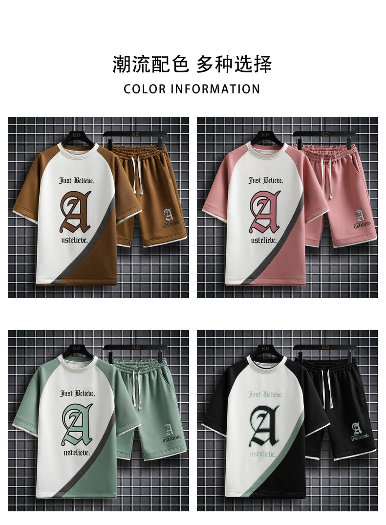 Summer Men Sets Streetwear plaid Short Sleeve T-Shirts +Shorts Breathable Chinese Style Man Sportswear 2 Pieces Suits