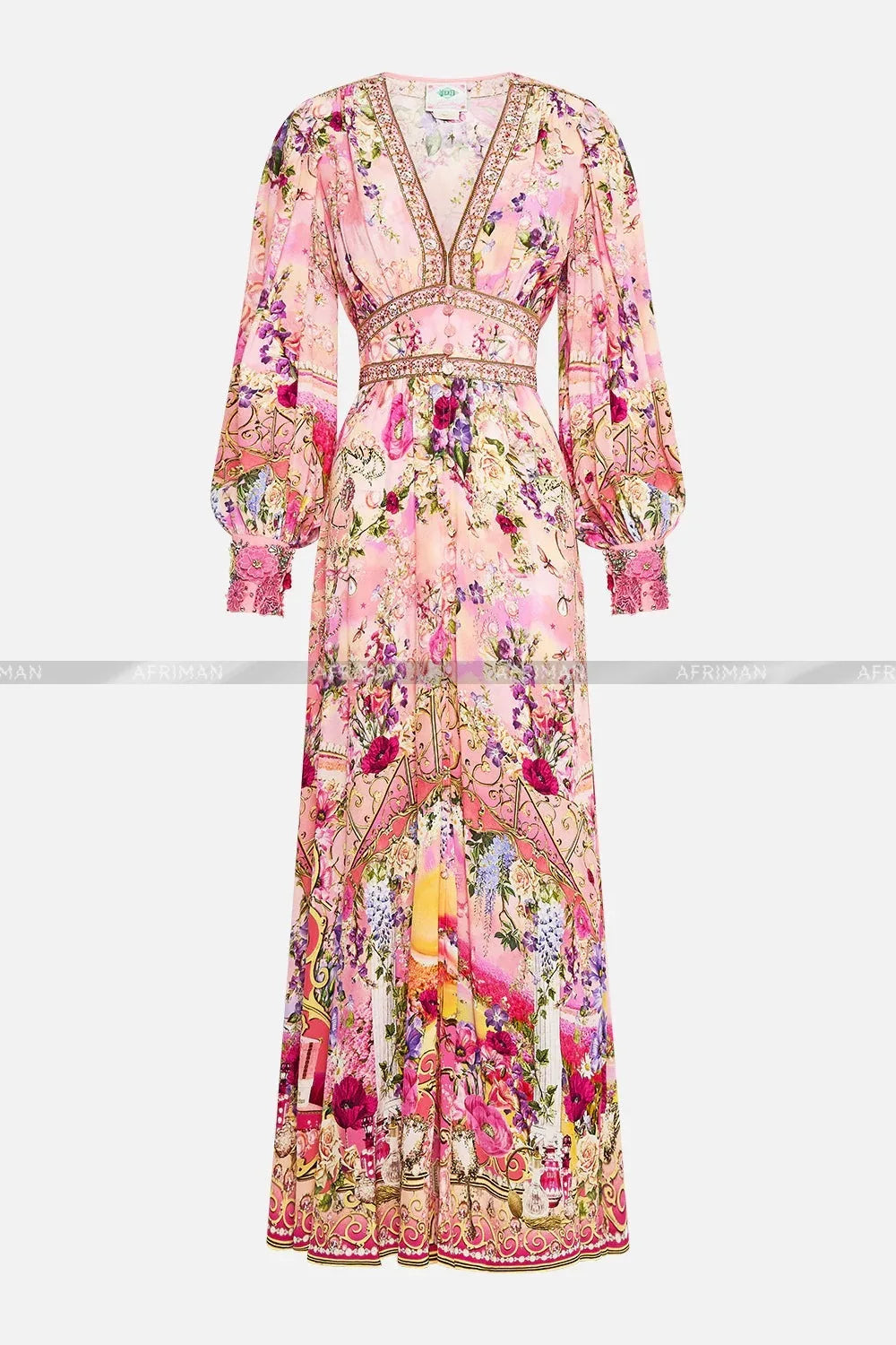 Women V Neck Crystal Beaded Pink Flower Print 3D Flower Embroidery Long Sleeve Silk Long Dress