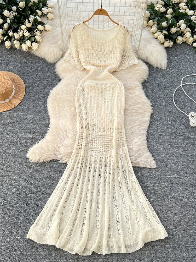 SINGREINY Vacation Style Casual Dress Suits Solid Strap Short Sundress+Knitting Hollow Out Long Dress Korean Women Beach Sets