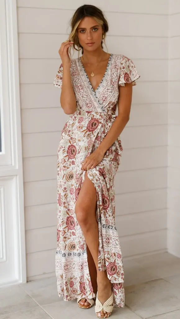 Summer Dress Women 2024 Short Sleeveless Casual V-neck Floral Print Boho Beach Long Dress S-3XL Sexy Split Party Robe