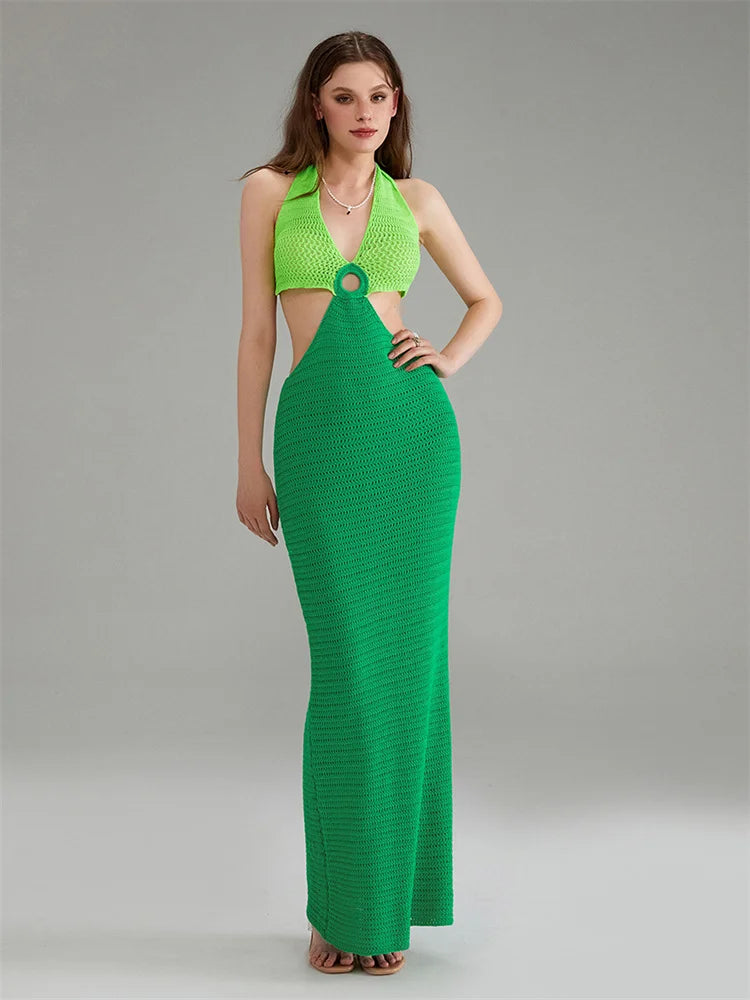 Y2K Cut Out Knitted Long Dress Women Contrast Sleeveless Halter V Neck Backless Dress Summer Bohemian Beach Sexy Dresses Female