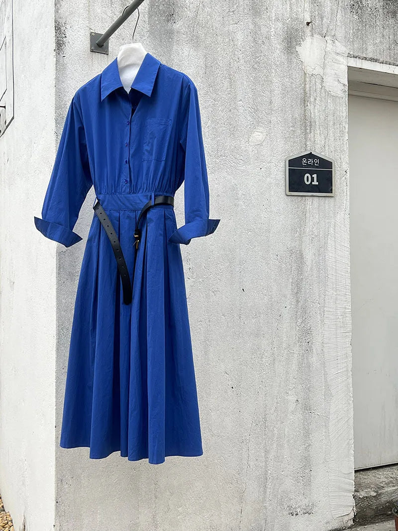 Polo‘s Collar Shirt Dress Women Spring Slimming Long Dress With A Cinched Waist Blue / Pink