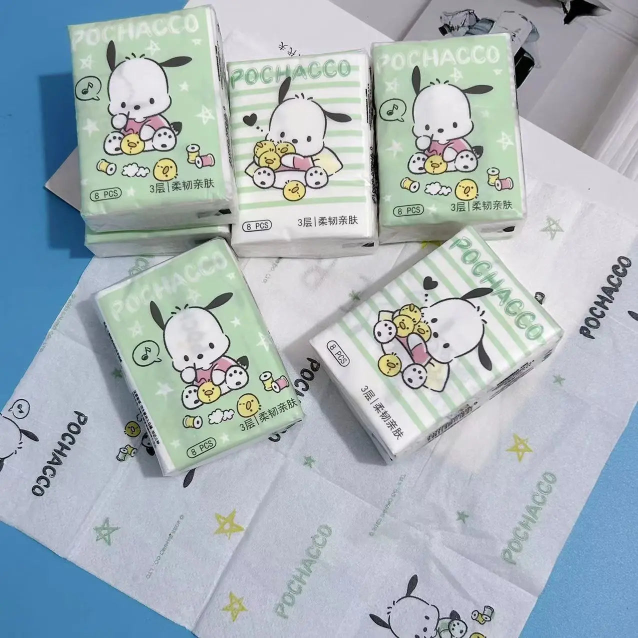 Kawaii Hello Kitty Handkerchief Paper Cartoon Sanrio Pochacco Kitty Printed Napkins Portable Small Pocket Tissues Facial Paper