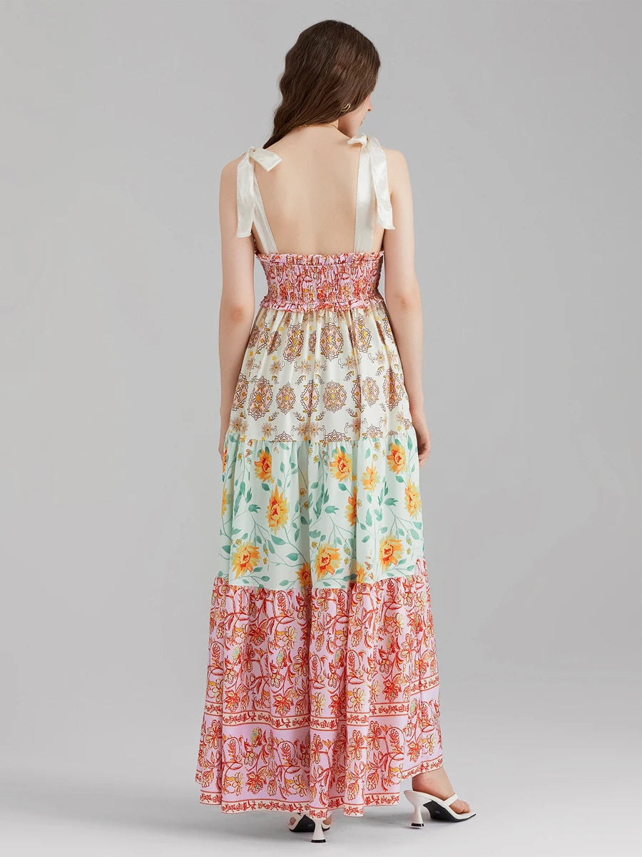 Combhasaki Women's Y2K Vintage Floral Print Ribbon Tie-Up Shoulder Straps Sleeveless V-Neck Summer Big Swing A-line Long Dress