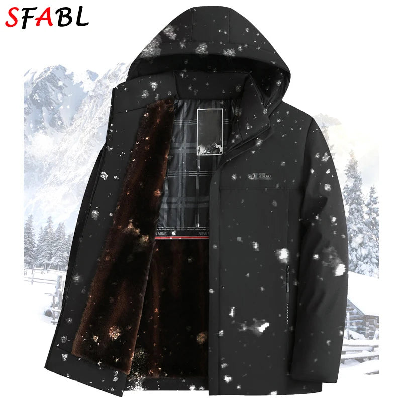 New Hooded Fleece Lining Men's Winter Jacket Coat Parka With Zipper Pockets Korean Winter Jackets for Men's Winter Coats Black
