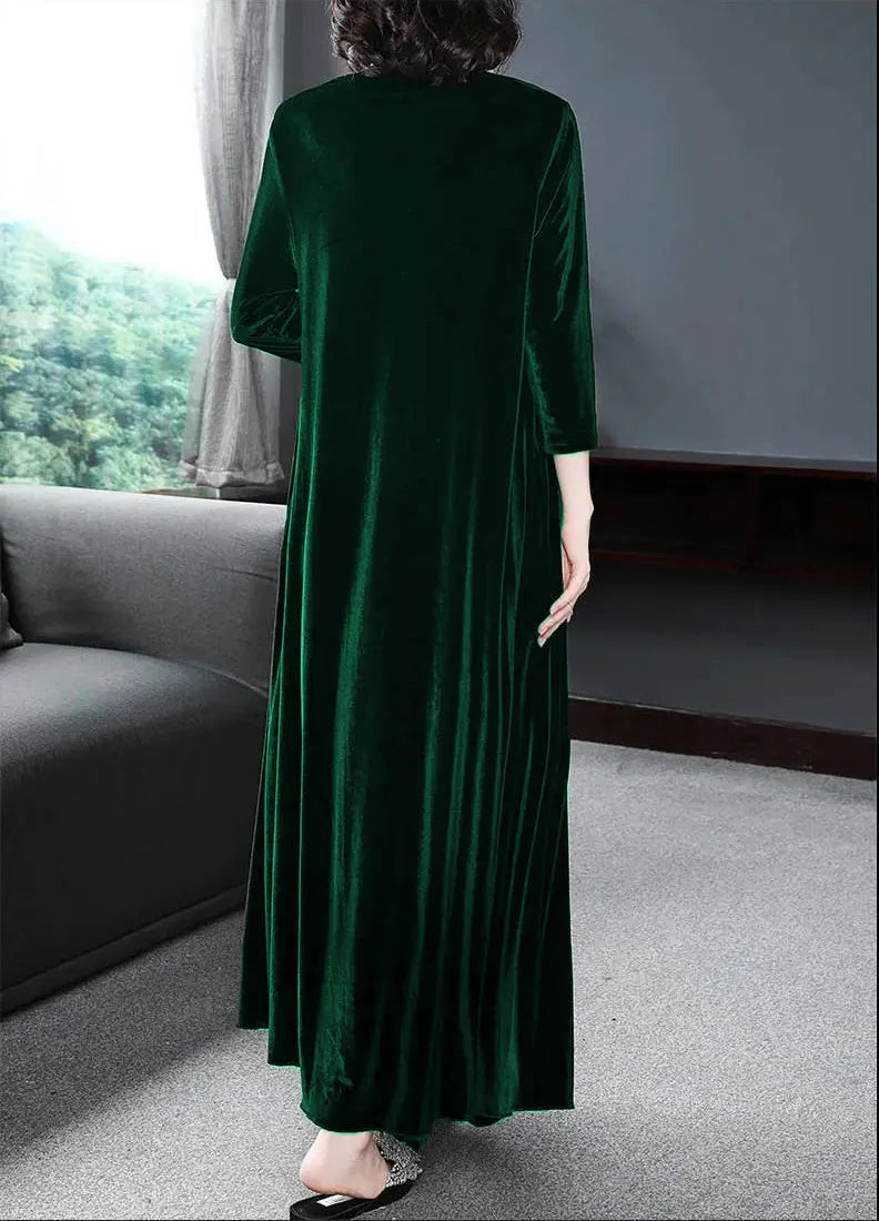 Spring and Summer New Gold Velvet European and American Slim Style Round Neck Long Dress