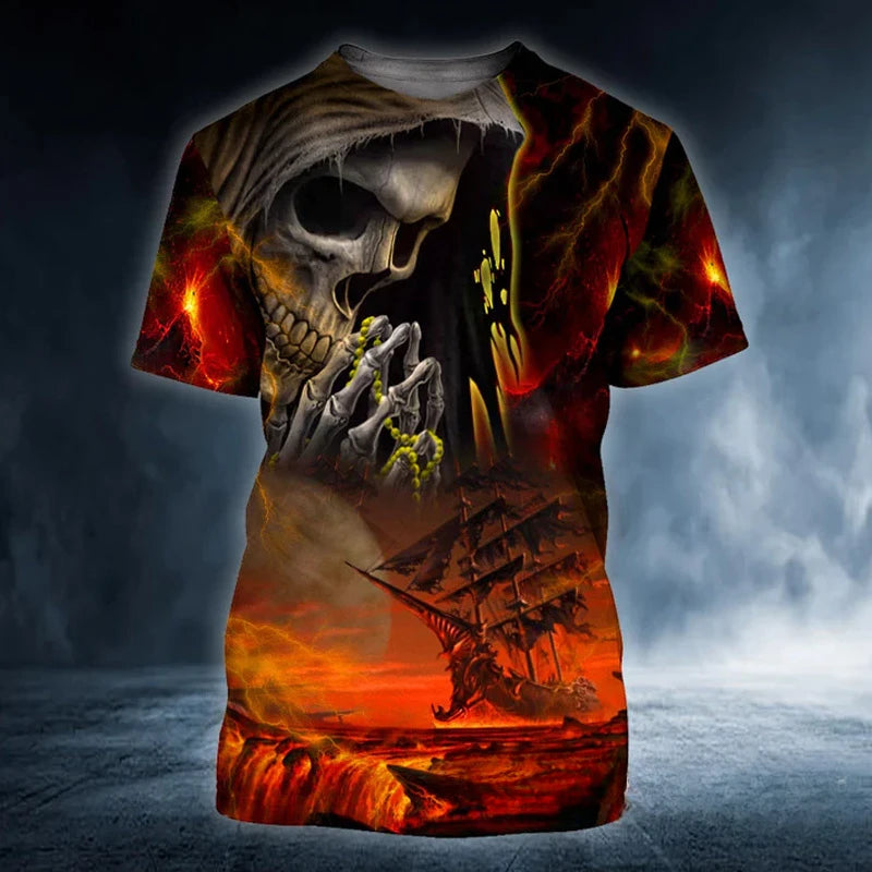 Summer Retro T Shirt Men 3D Printed Skull Angel Graphic Tees Fashion Clothes Oversized Streetwear O Neck Short Sleeve Man Tops